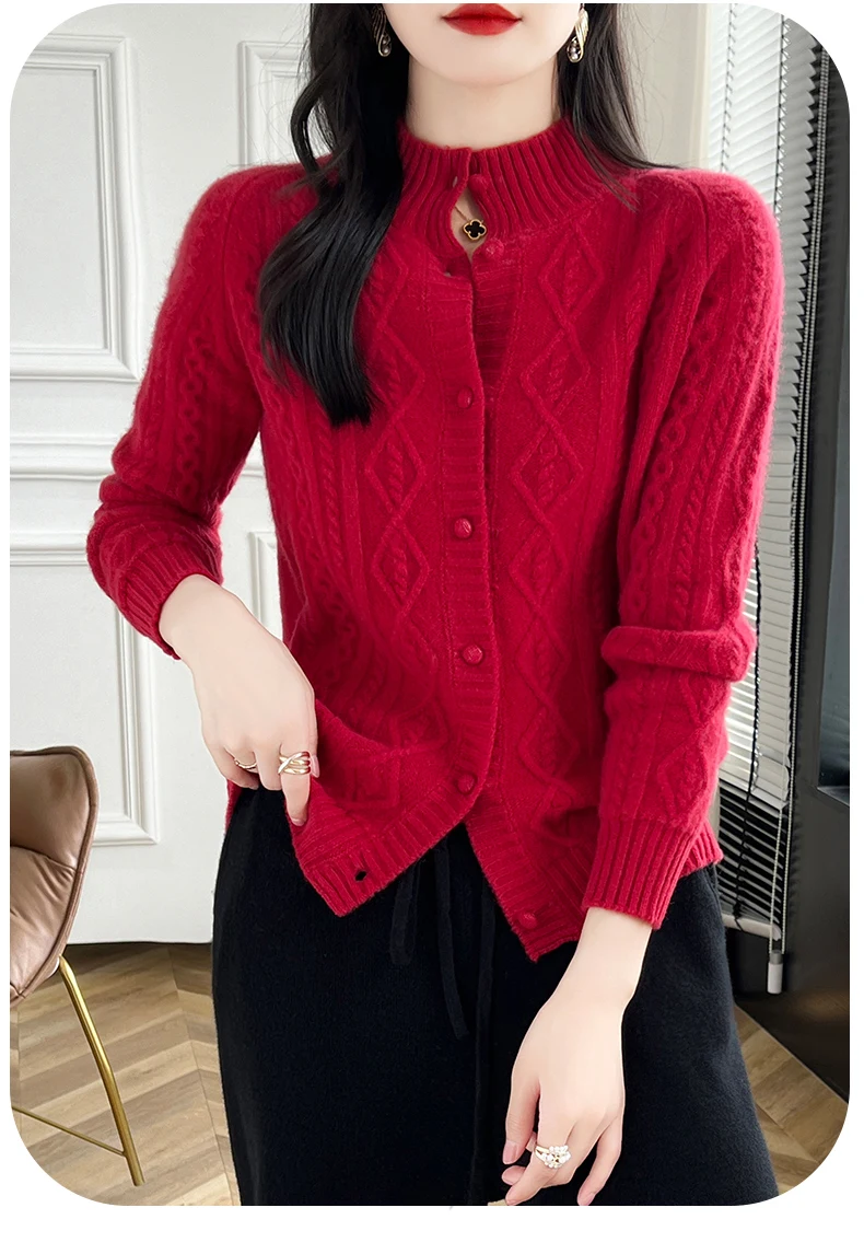100% Wool Cashmere Cardigan Autumn Winter New Half High Collar Twist Coat High-End Knitwear Sweater Shirt Loose Women Thick Tops