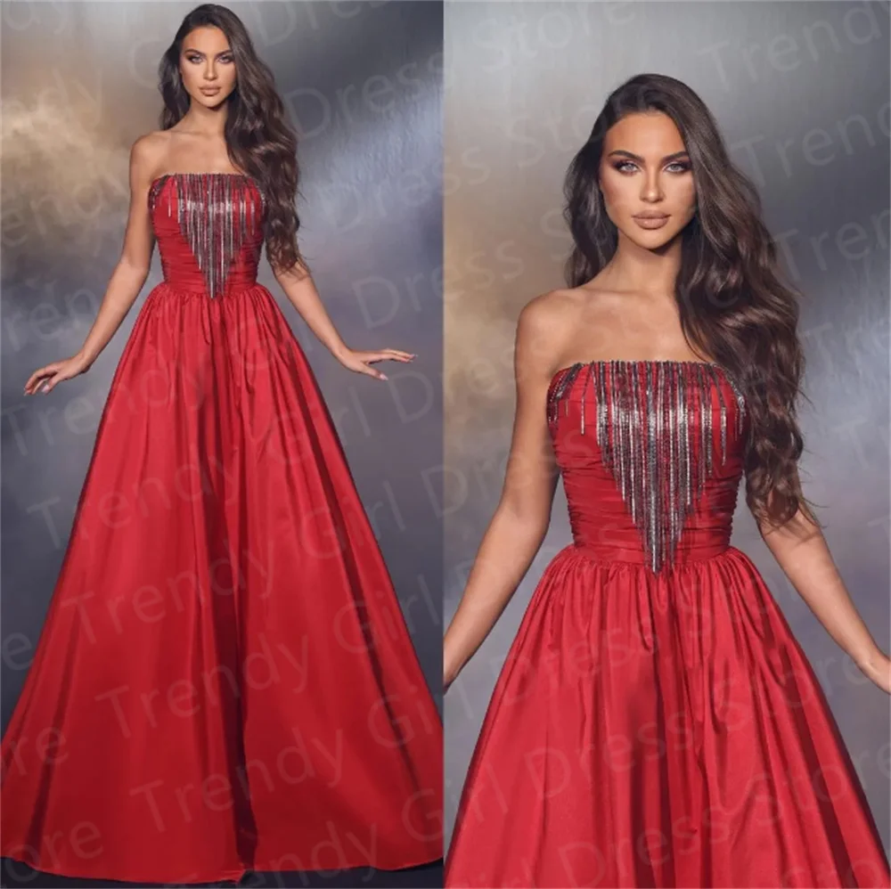 

Exquisite Red A Line Evening Dresses Strapless Tassels Party Prom Dresses Pleats Long Red Carpet Dress Formal Occasion Dresses