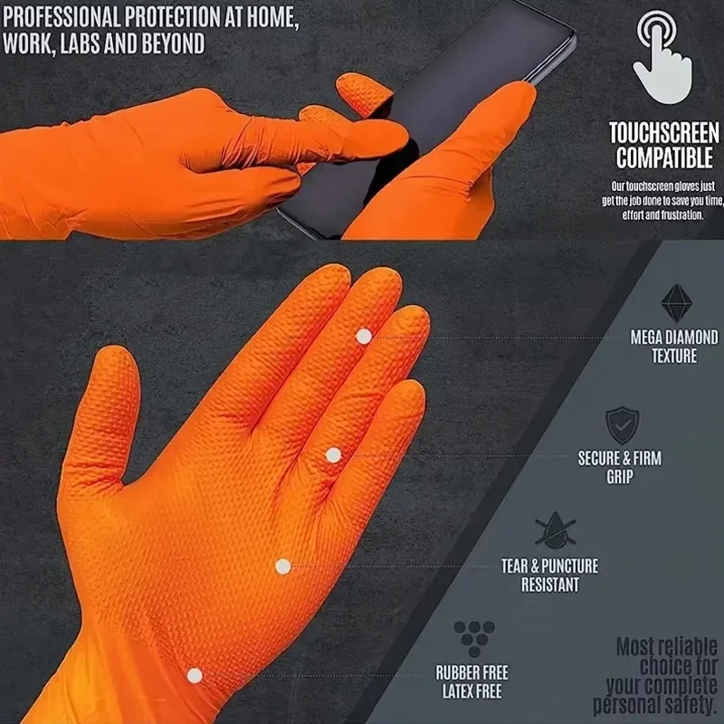 Ultra-Durable Industrial Nitrile Gloves - Heavy Duty Orange with Diamond Grip, Mechanic Safety Work, Multiple Pack Sizes Available