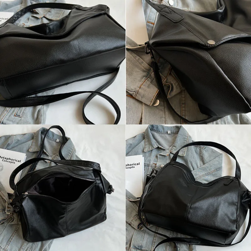 Winter Korean Version Large Capacity Tote Bag Pu Black Handbag Casual Commuting Bag Collocation Coat Women'S Shoulder Bag