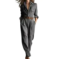 Womens Jumpsuit Beige Plaid Shirt-Style Jumpsuits Belted Wide-Leg Casual Office Jumpsuits 2026 Fashionable Outfit Vestido - Image 3