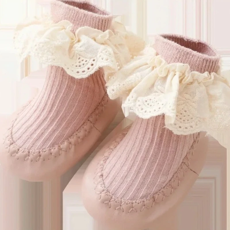 New Baby Ruffle Socks with Rubber Soles Infant Sock Newborn Autumn Children Floor Lace Flowers Shoes Anti Slip Soft Sole Sock