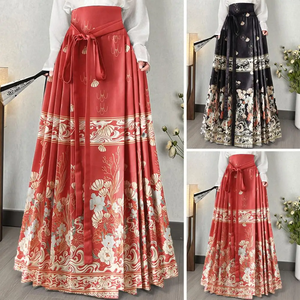 

Horse-faced Skirt Elegant Vintage Chinese Ming Style Women Maxi Skirt with Floral Print High Waist Seft Tie Hanfu Pleated for A