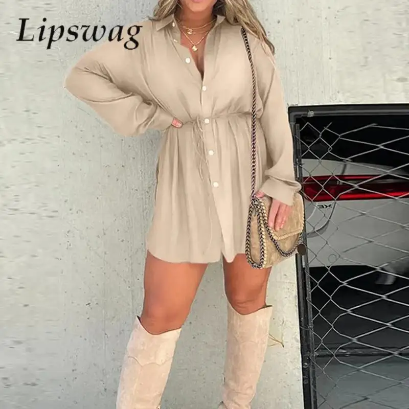 

Женское модное мини-платье с длинным рукавом, сезон весна-осень, Женский однотонный комплект на пуговицах, платье, Повседневное платье-рубашка с завязками и шорты