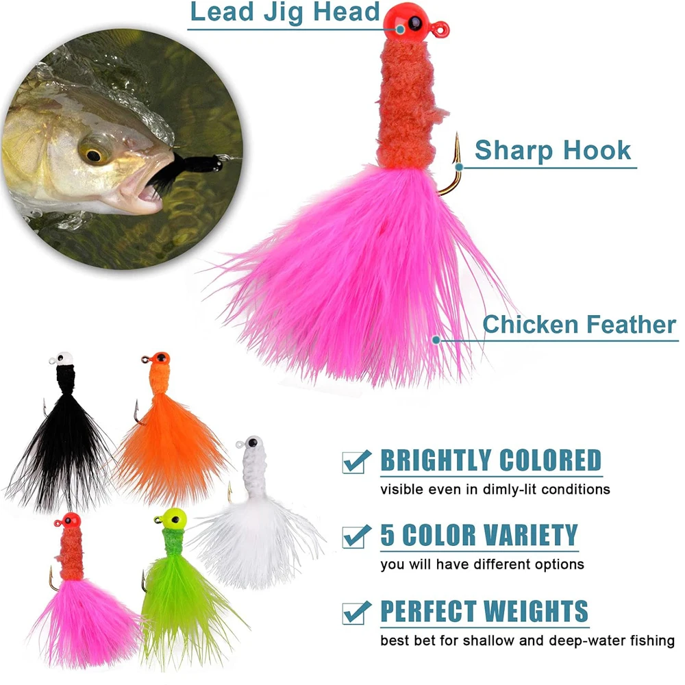 9PCS Jig Heads Colors for fishing Crappie Jig Marabou Feather