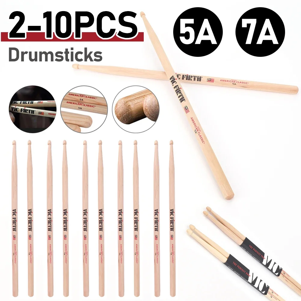 2-10Pc Drumsticks 5A/7A Drum Sticks Consistent Weight and Pitch Mallets American Hickory Drumsticks for Acoustic/Electronic Drum