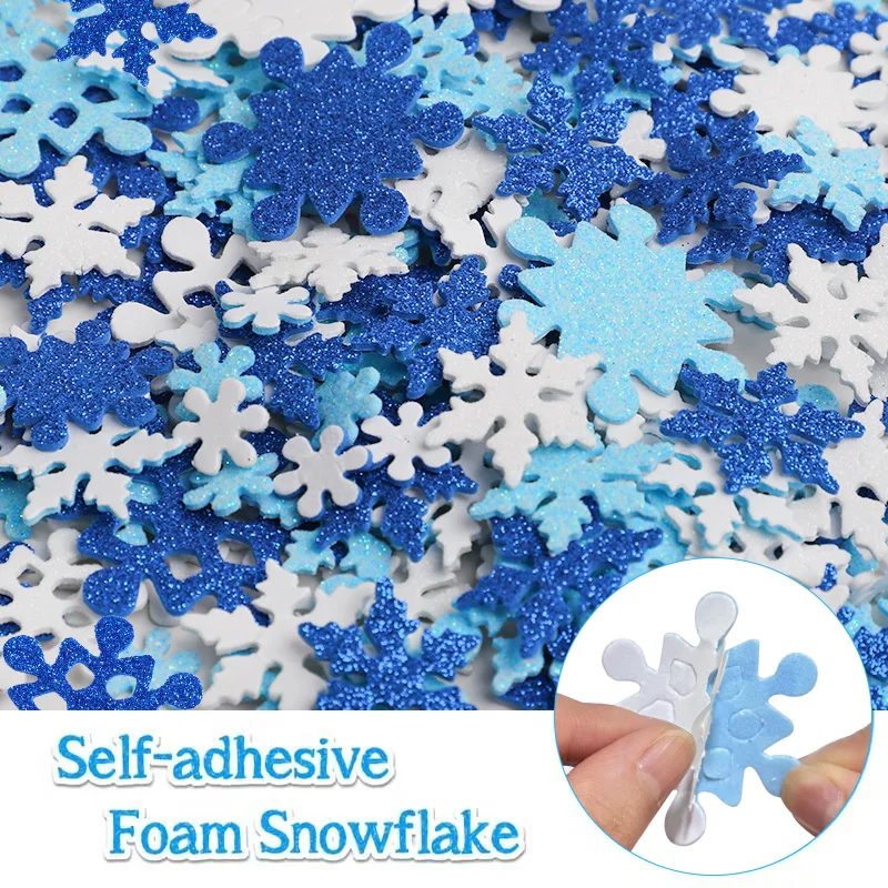 100Pcs 3D Snowflake Self-Adhesive Glitter Foam Stickers Christmas Winter Party Home Decoration DIY for Windows Planners Gift Box
