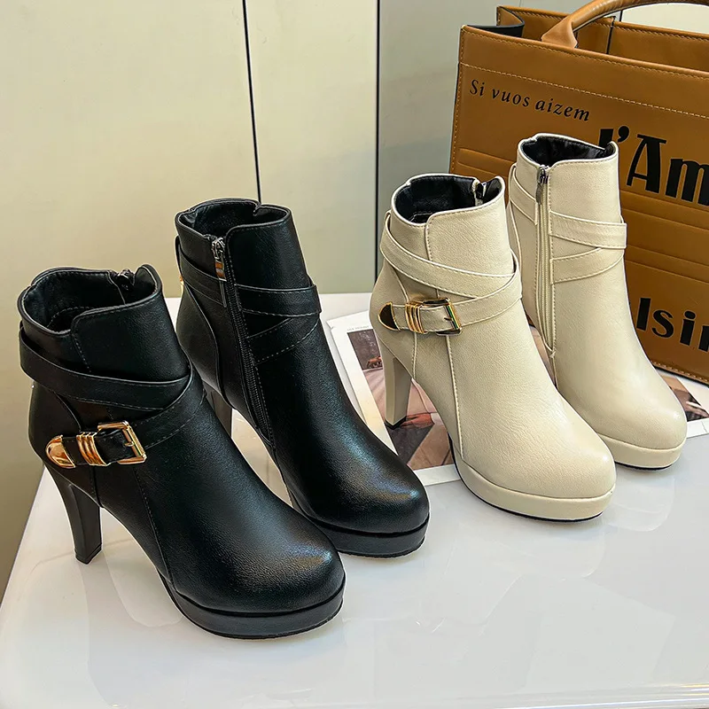 ショートブーツ・ブーティ All New Tiny Gold l Hill Ankle Boots (7 cm, 2 TYPE) Trendy Gold Almond Toe Chunky Heel Short Boots for Women