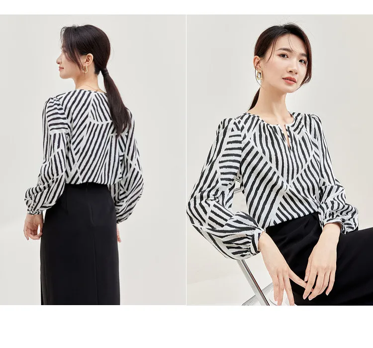 SENTUBILA Women Elegant Print Chiffon Blouses and Tops 2025 Contrast Striped Round Neck Puff Sleeve Loose Autumn Shirts 133V5130
