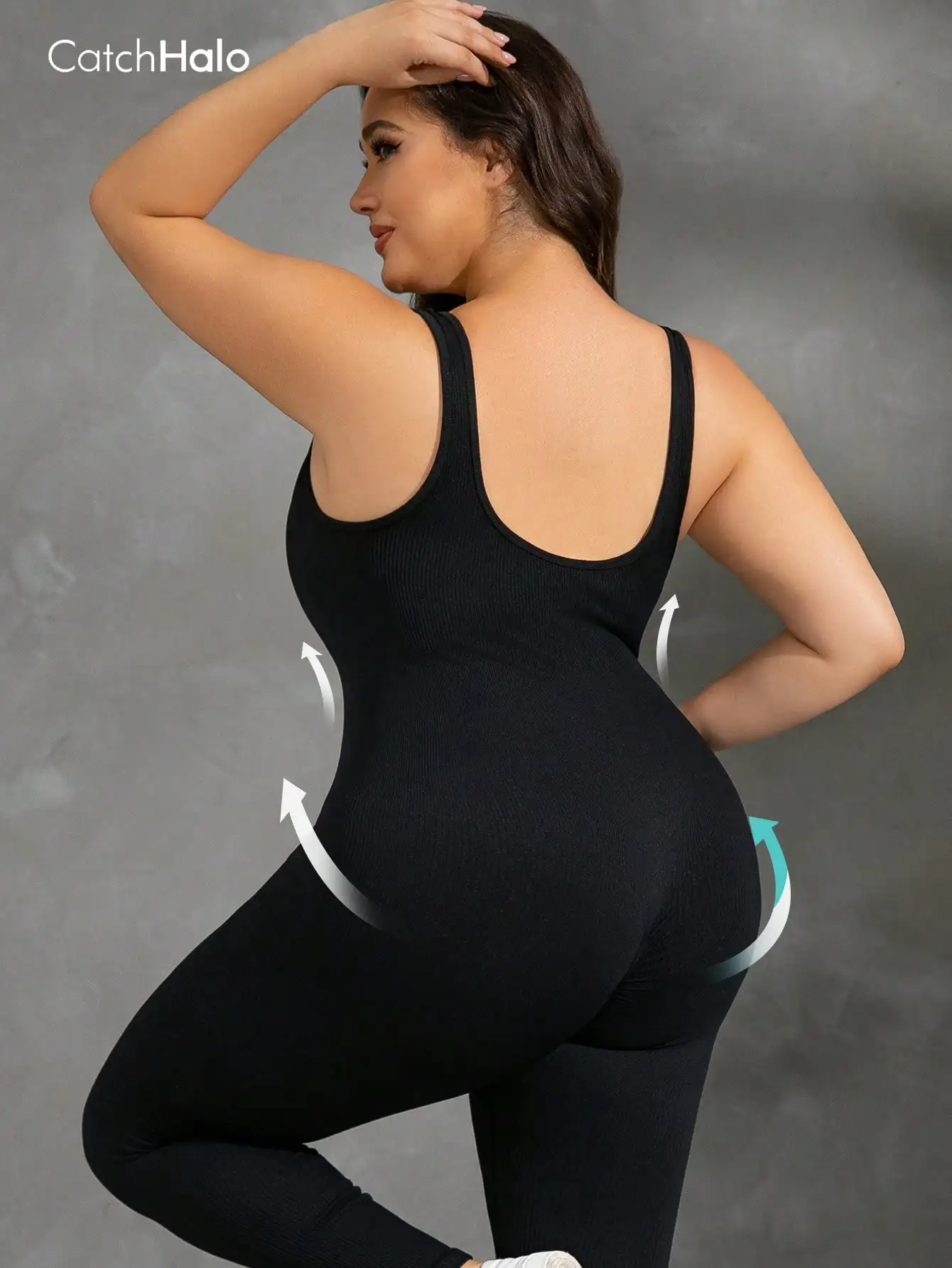 Combinaison de yoga sans coutures pour femme, grande taille — Dos nu, col en U, sans manches — Bodysuit gainant effet push-up fessier — Tenue de fitness et d'entraînement