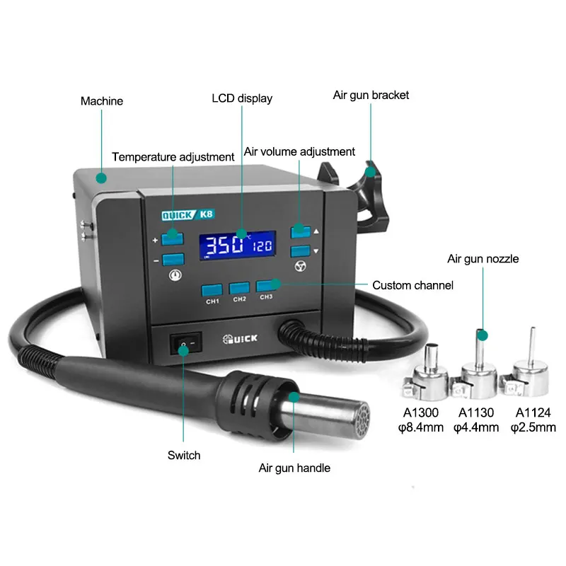 QUICK K8 1000W Smart hot air desoldering station， Can be widely used in various chip-level repairs, PCB manufacturing 6