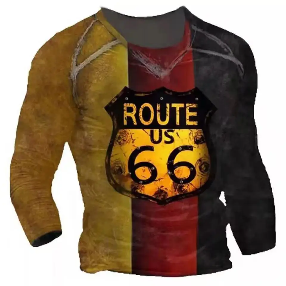 Fashion Vintage Men's T Shirts Oversized Loose Clothes Vintage Long Sleeves Us Route 66 Letters  3d Printed T Shirts Eu Size 5xl