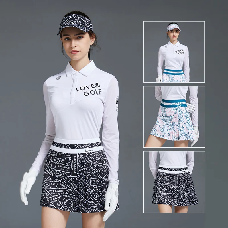 

Love Golf Ladies White Long sleeve Shirt Female Letter Print Golf Skirt Ice Silk Sun Protection Tops Slim Pleated Mini Skort Set