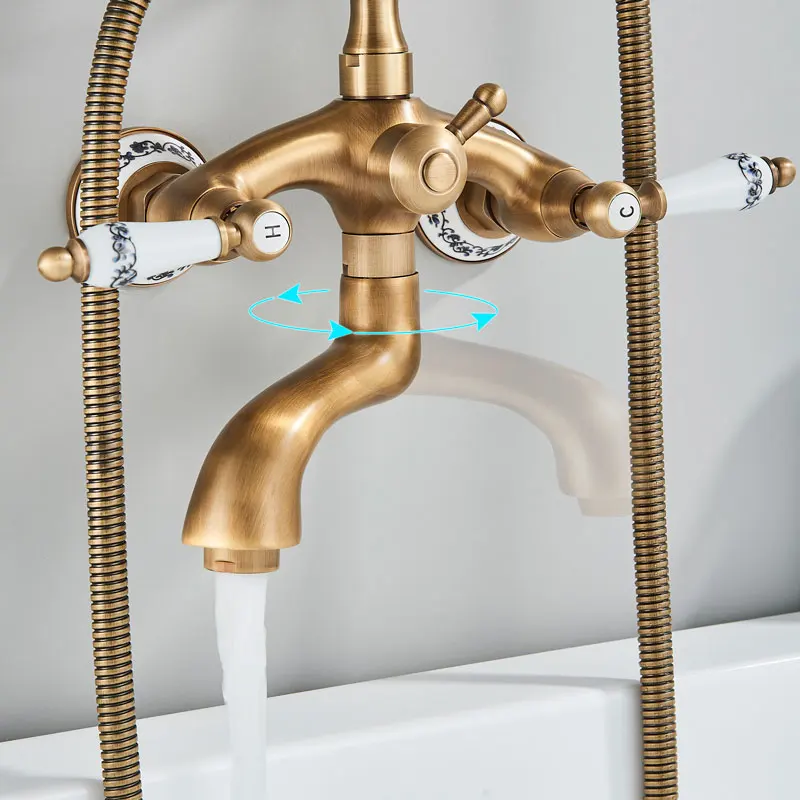Antique Brass Wall Mounted Bathtub Faucet Brass Telephone Style Bath Shower Tap Waterfall Swivel Spout Dual Handle Tub Mixer bathtub faucet