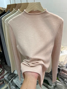 Women Solid Curled Turtleneck Sweater Autumn Winter 2025 Long Sleeve Pullover Slim Knitted Sweaters Korean Pull Femme Jumper