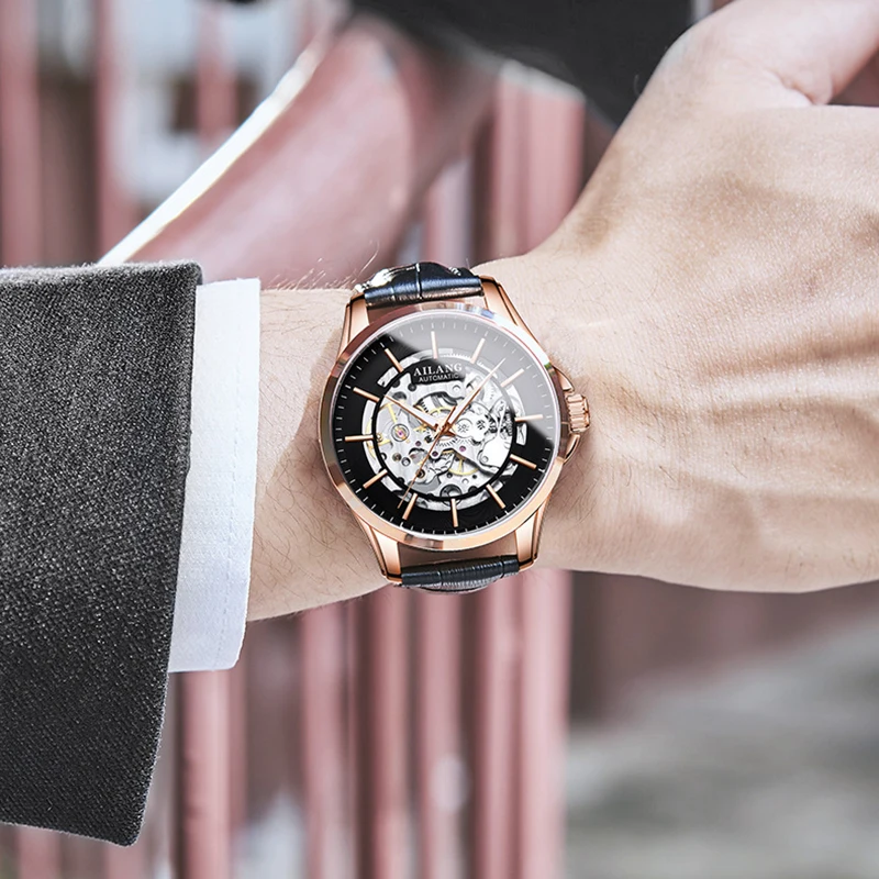 AILANG Luxury Skeleton Mechanical Watch For Men Fashion Blue Leather Strap Waterproof Luminous Hands Hollow Watches