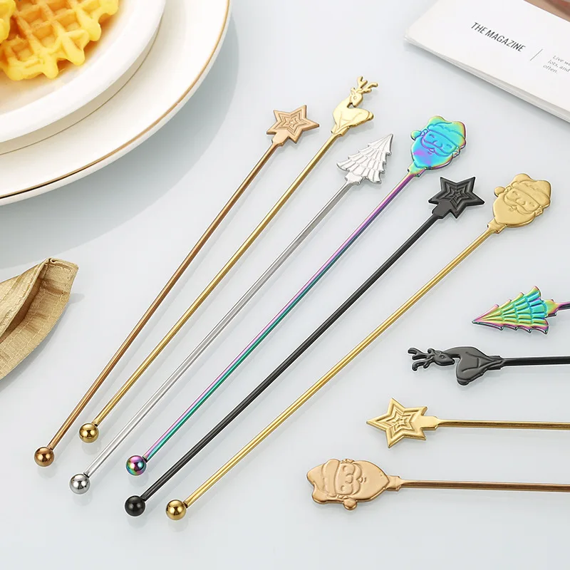 4pcs 18/8 Stainless Steel Stirring Stick Bar Christmas Tree Stirring Spoon Set Cocktail Mixing Stick Holiday Party Tableware