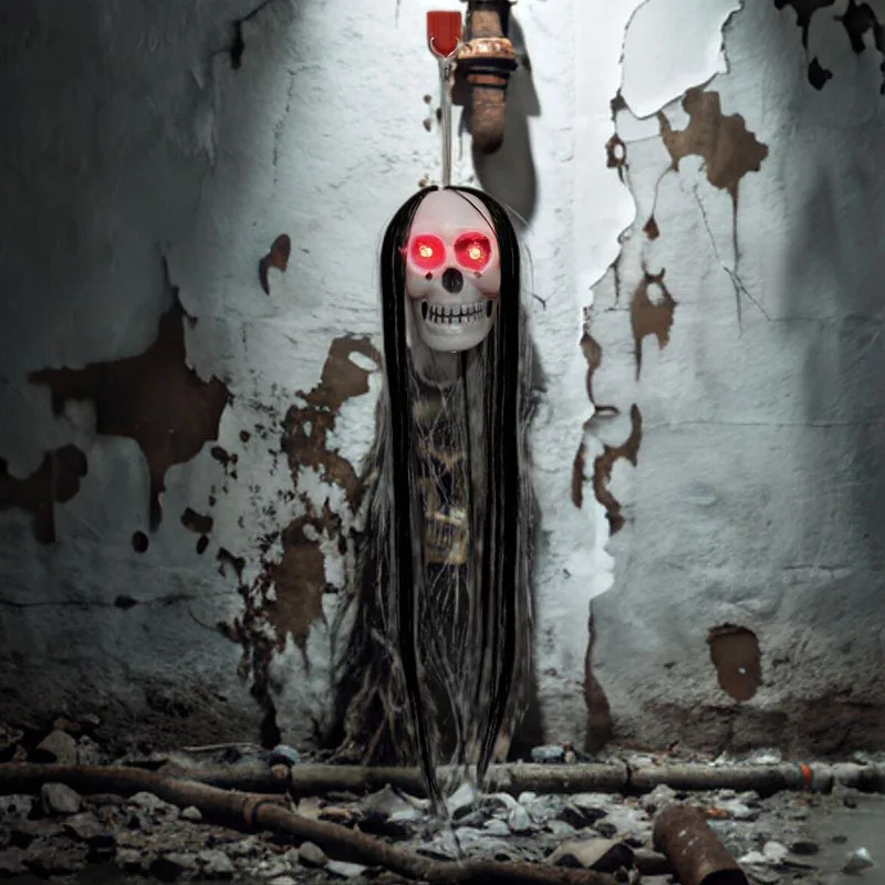 Halloween Hanging Ghost Decor with Glowing Eyes - Long Hair Skeleton Scary Prop for Haunted House & Bar Party Decoration