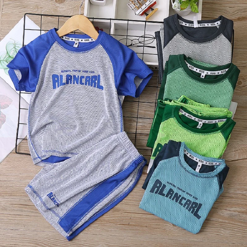

Summer Outdoor Quick-Dry Kids Top T-Shirt + Shorts Sets Contrast Moisture Wicking Baby Boys 2-Pieces Workout Sets 3-14 Years