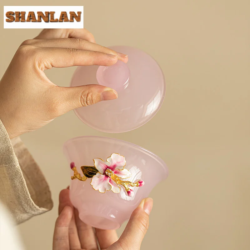 150ml Handmade Kneading Flower Glass Gaiwan Luxury Pink Glazed Crystal Sancai Tea Tureen Tea Brewing Cover Bowl Items Craft