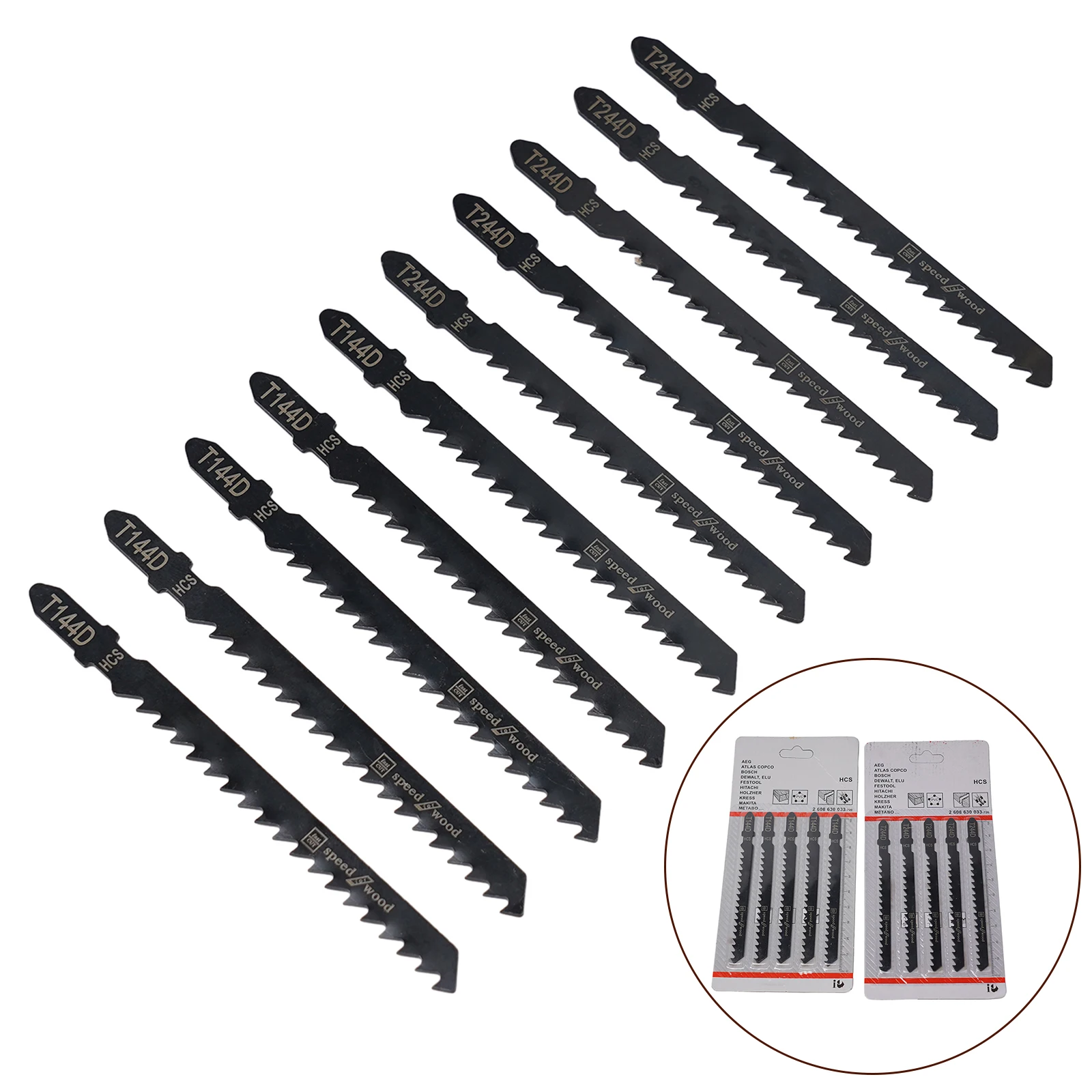 

10Pcs High Carbon Steel Jig Saw Blades HCS JigSaw Blades T144D+T244D+114 For High Speed Wood Board Plastic Metal Cutting