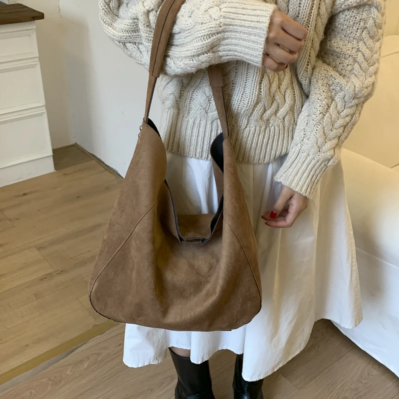 Retro Faux Suede Tote Bag Solid Color Outdoor Travel Bag Vintage Casual Commuter Bag for Girls Woman Birthday Gifts