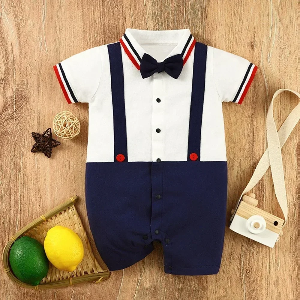 

Gentleman Baby Boy Romper Cotton Button Lapel One-pieces Bodysuits with Tie College Style Jumpsuit for Infant Baby Birthday