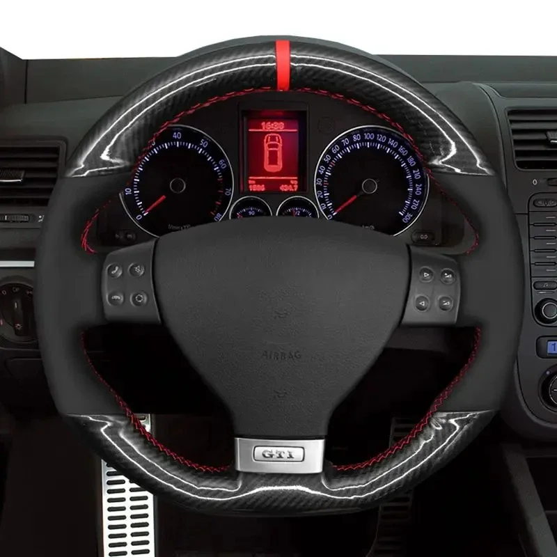 Handgenähter schwarzer Echtleder-Lenkradbezug für Volkswagen VW Golf GTI 5 (V) Golf R32 Scirocco Tiguan (R-Line)