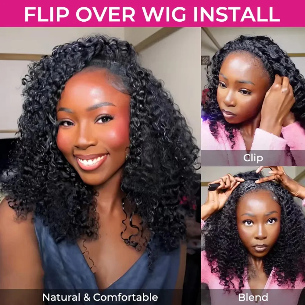 3 In 1 Human Hair Half Wig Glueless Drawstring Clip In Kinky Curly Headband Wig Natural Color Seamless Natural Looking For Women 3