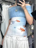 2025 Ropa Mujer Summer T Shirts for Women Fish Print Sleeveless Tunic Camisertas Y2k Tops Slash Neck Chic Gauze Sexy T-shirts