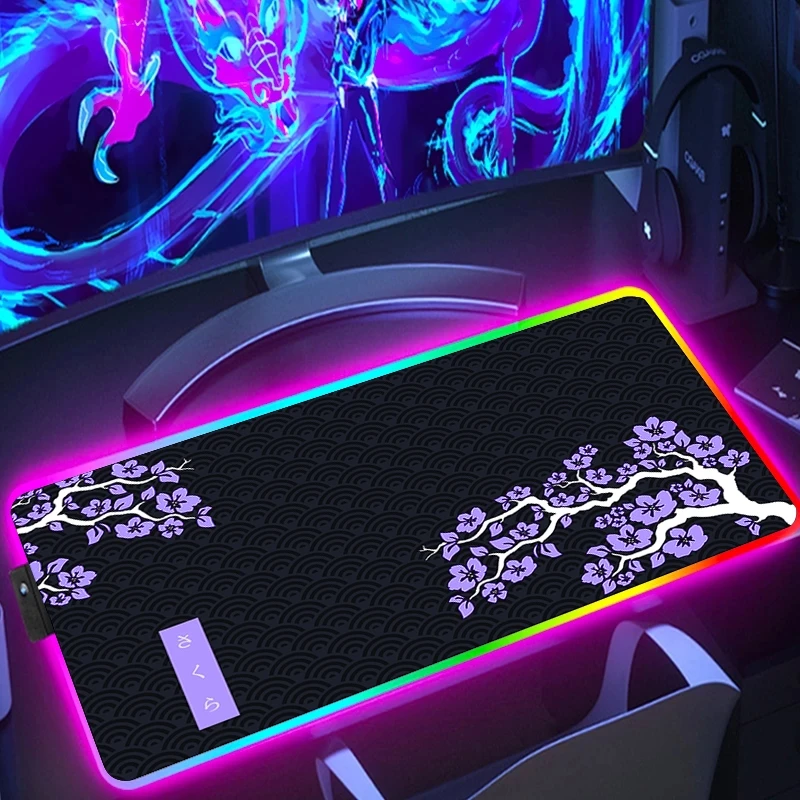 

RGB Gaming Mousepad Purple Sakura Mouse Pad LED Large Gamer Desk Pad XXL Keyboard Pads Luminous Colorful Desk Mat Backlit 90x40