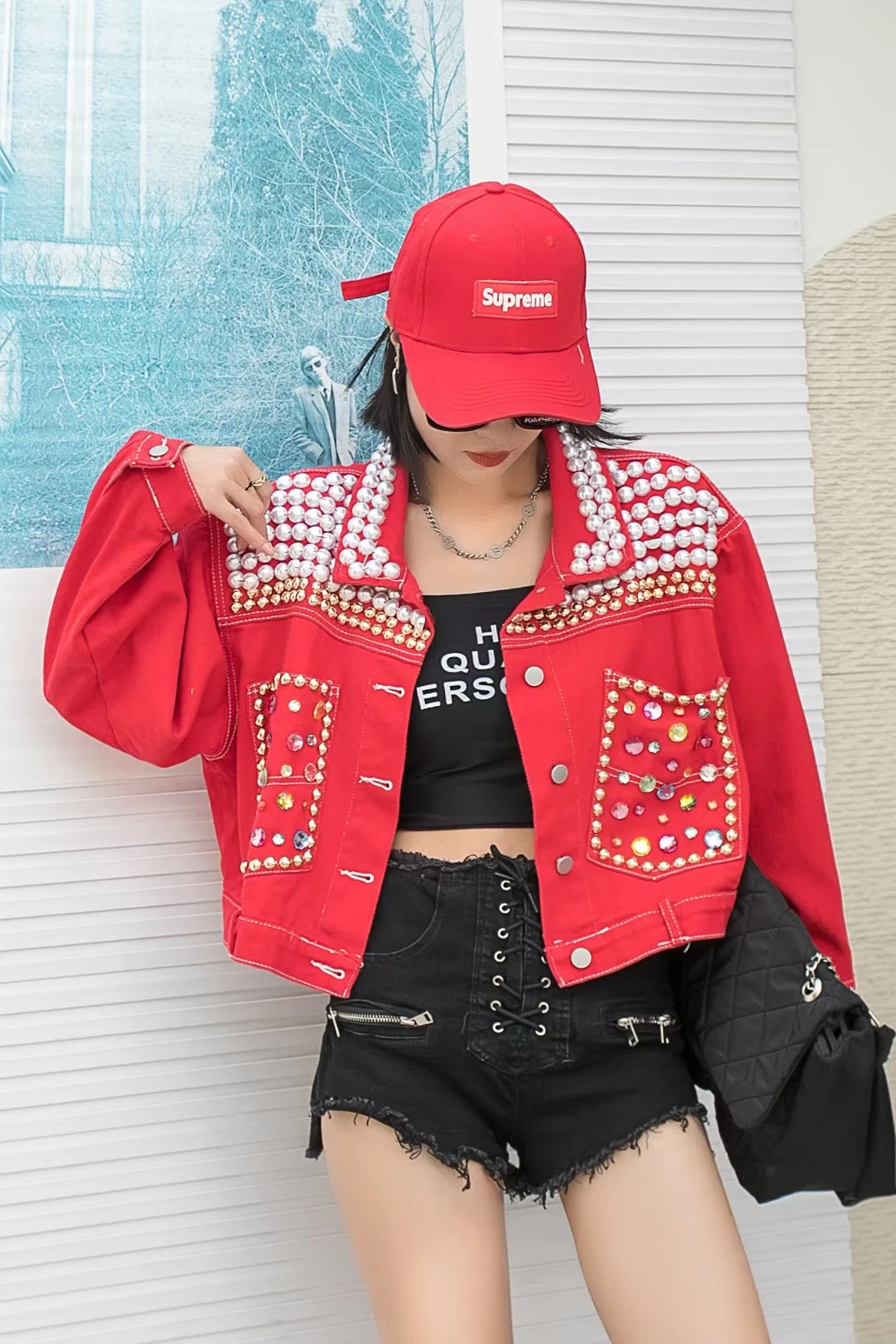 Fashion Brand Pearl Rhinestone Heavy Industry Denim Jacket Female 2023  Spring Loose Lapels Long Sleeve Short Red Coat Women - AliExpress