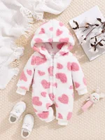 Baby autumn and winter baby long-sleeved long-legged love pattern onesie with cute hooded crawling clothes 1