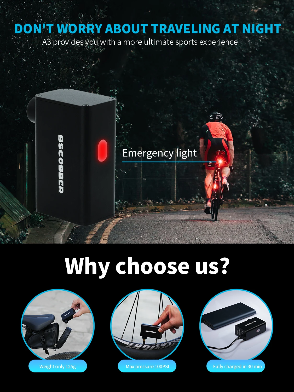 Bike Accessories Electric Portable Air Pump Tyre Inflator Emergency Lamp 100PSI