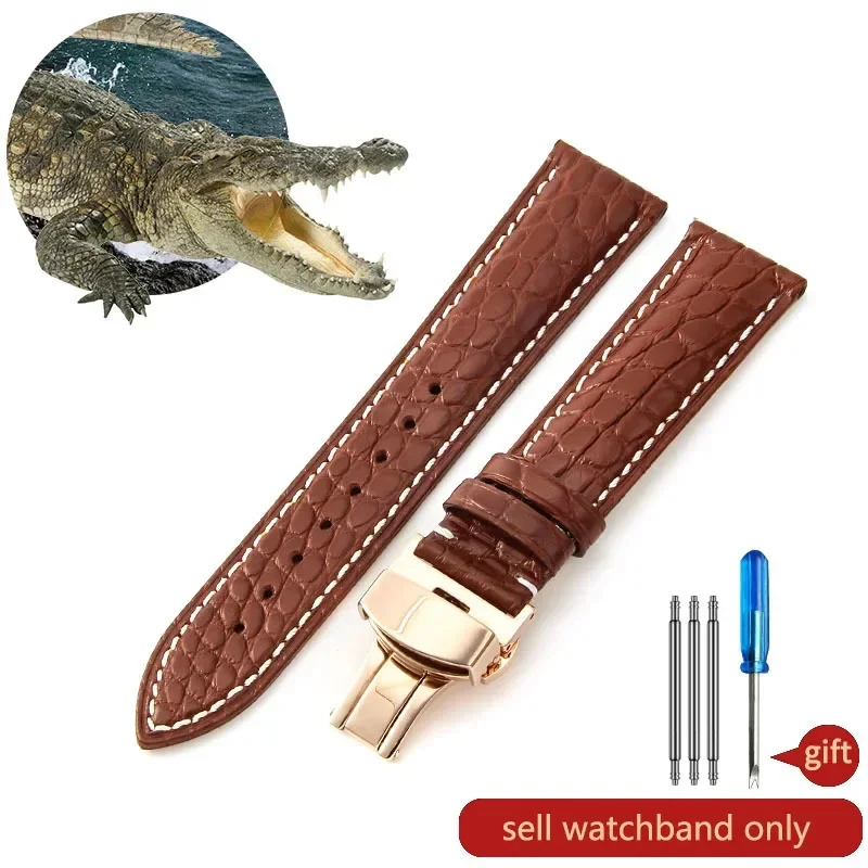 thumbnail image 1 of Correa de reloj de piel de cocodrilo de cuero genuino para hombre y mujer, hebilla de mariposa con aguja para Mido Longines Famous Master Omega IWC Watchband, 1 of 5