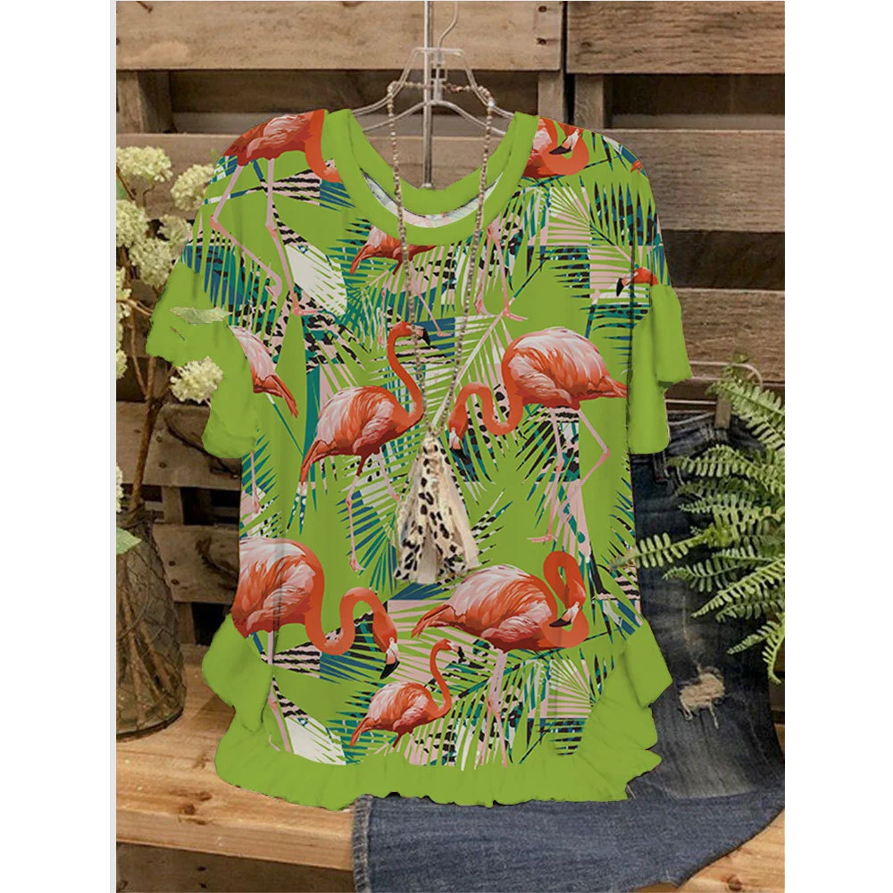 

Women Tops T-Shirts 3D Ruffled O-Neck Short Sleeves Animal Stitching Printed Loose Casual T-Shirts Summer Streetwear
