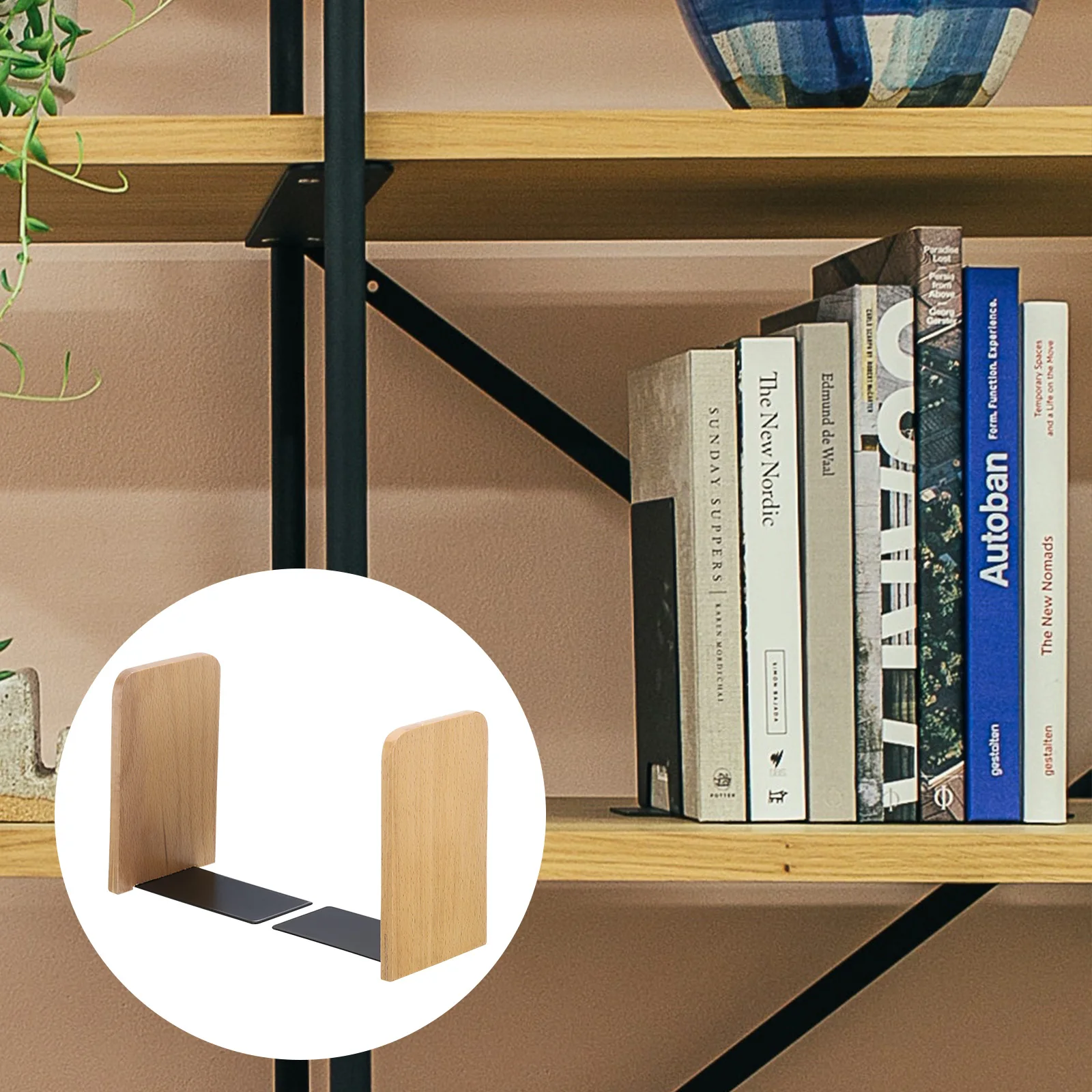 2Pcs Wood Bookend with Metal Base Wooden Desktop Bookends Book Organizer Office Bookends Book Ends Stand Holder Shelf Bookrack 4