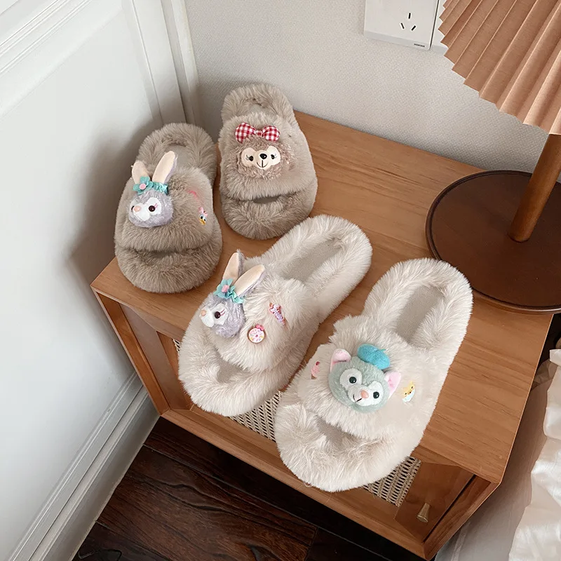 Disney Stellalou Duffy Bear Sweet Ladies Cartoon Plush Slippers Home And Out Flat Shoes Plush Slippers - Stuffed & Plush Animals AliExpress