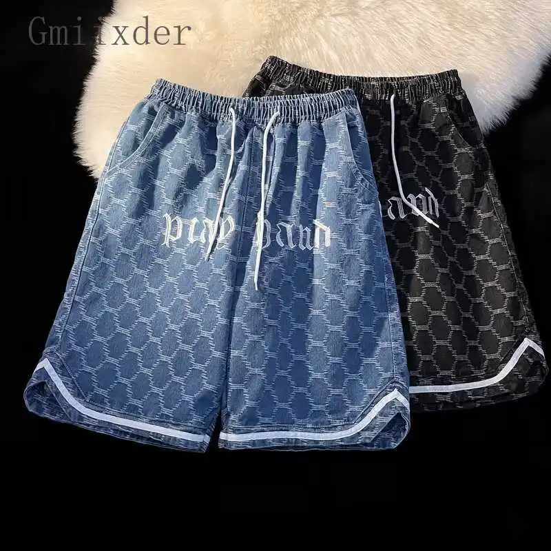American Fashion Embroidered Denim Shorts Men's Summer Trend High Street Hip-hop Slit Sports Pants Casual Five-quarter Pants