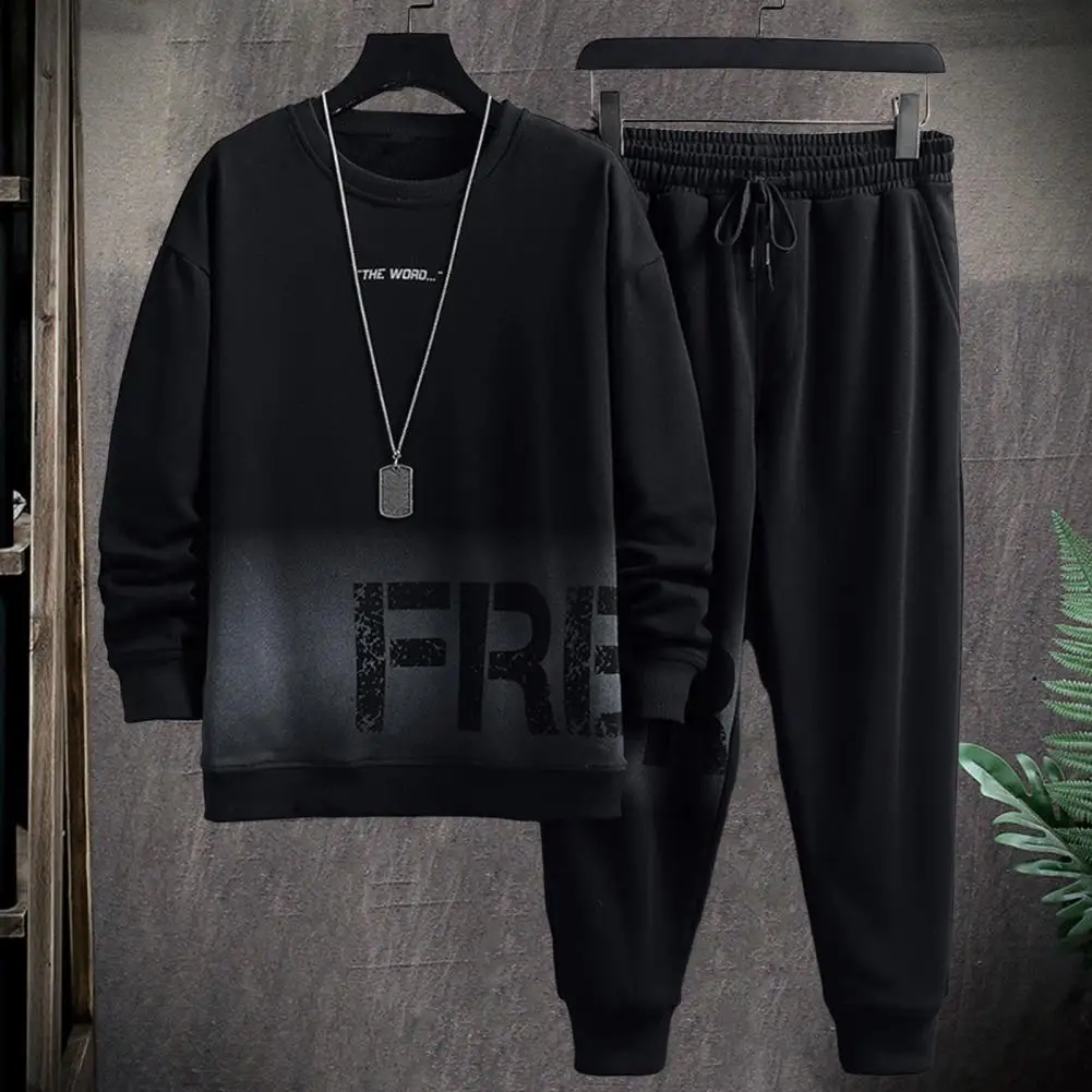 Athletic Leisurewear Set Letter Print Gradient Color Tracksuit Set with O Neck Top Drawstring Pants for Sport Leisure Wear