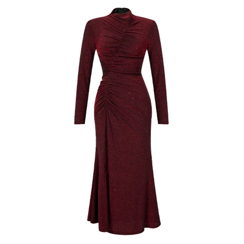 فستان سهرة طويل لامع للنساء ، طيات صلبة عتيقة ، رد...