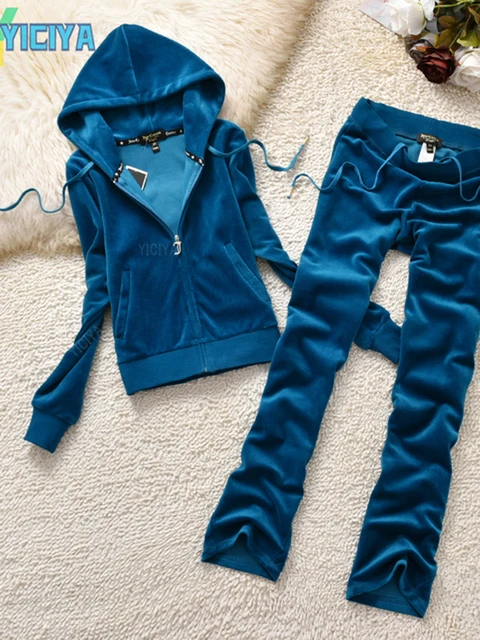 YICIYA TRACKSUIT hoodies Velvet Zipper Sweatshirt And Pants Winter women velour Pant Suit Hoodies Zipper Rhinestone velour suits DRAK BLUE SET