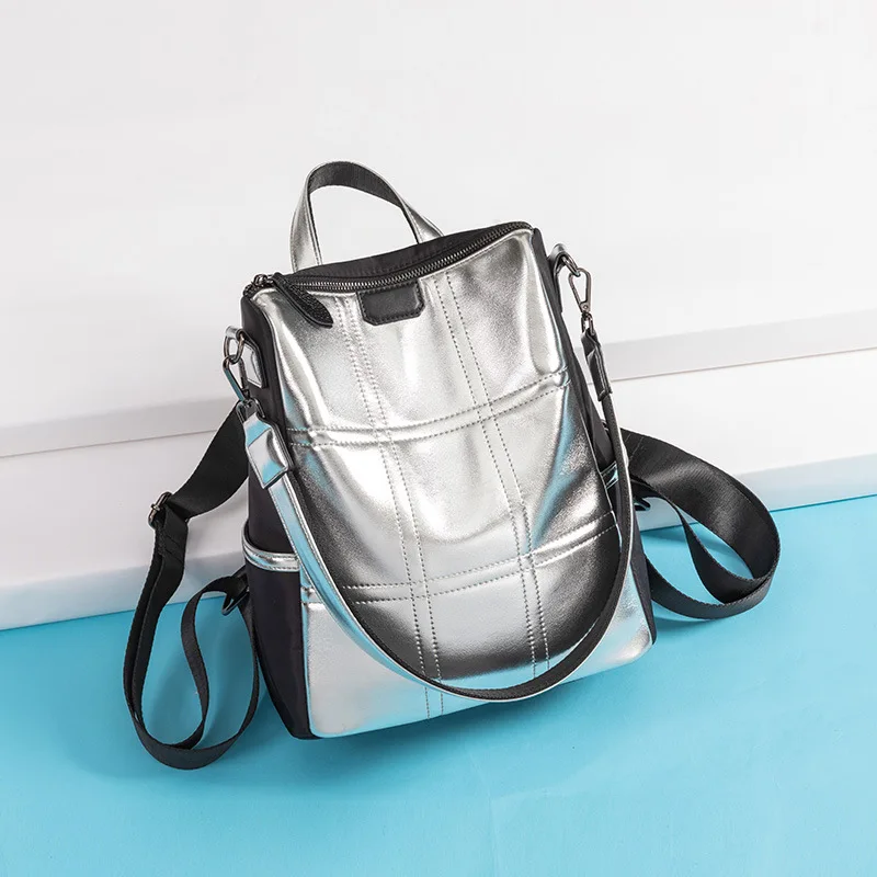 New women's bag women's fashion casual silver reflective personality PU dual-purpose shoulder bag backpack mini backpack