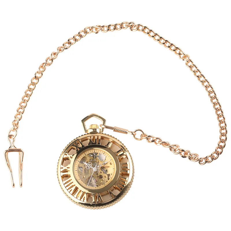 Steampunk Golden Hollow Automatic Mechanical Pocket Watch for Women Men Hollow Roman Number Dial Clock Pendant Necklace Chain