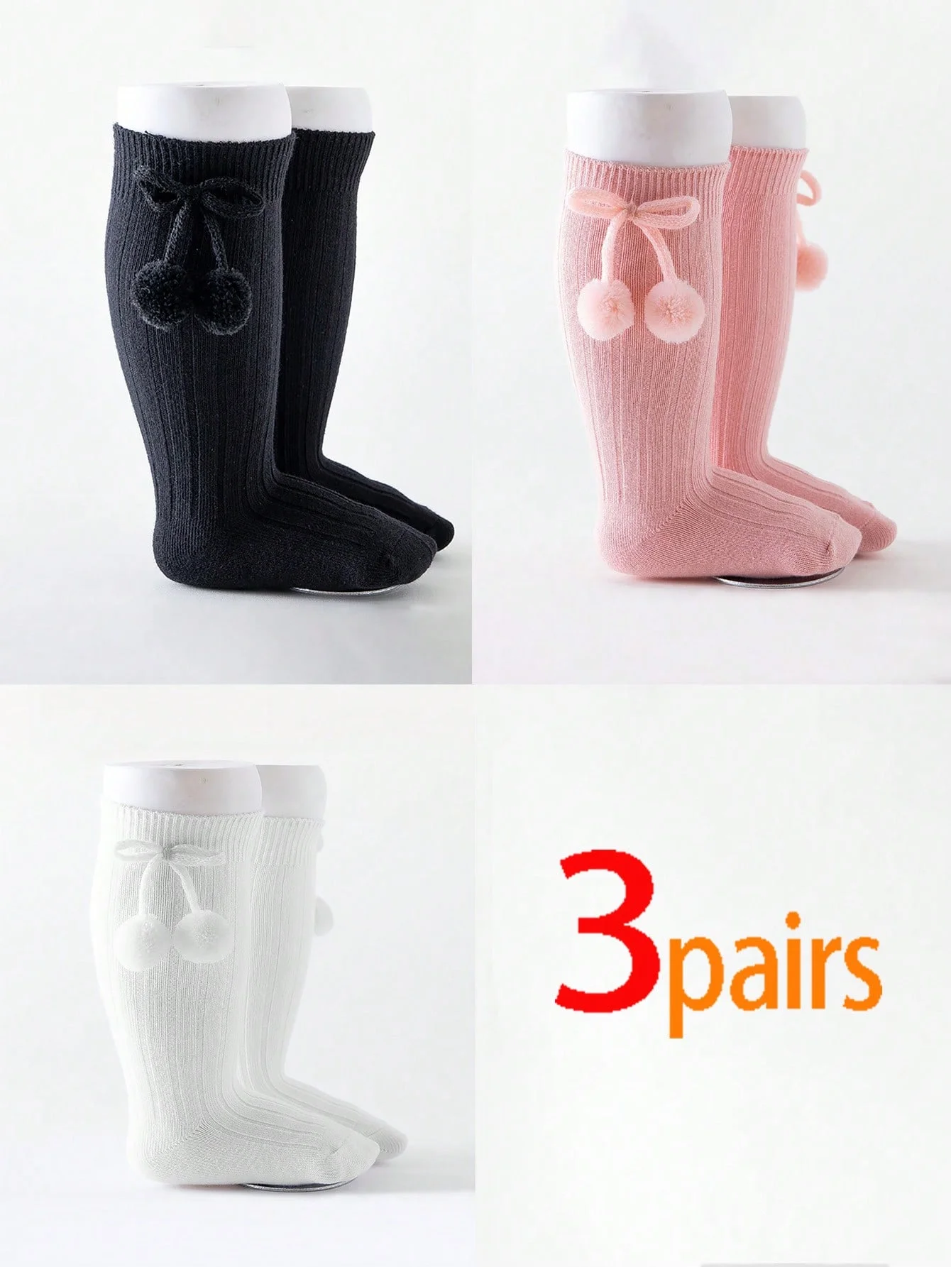 3 Paar süße Baby-Knöchelsocken mit Kinder-Pompom-Schleifen, geeignet für Mädchen im Alter von 1-6 Jahren für den täglichen Gebrauch. – Detail 4
