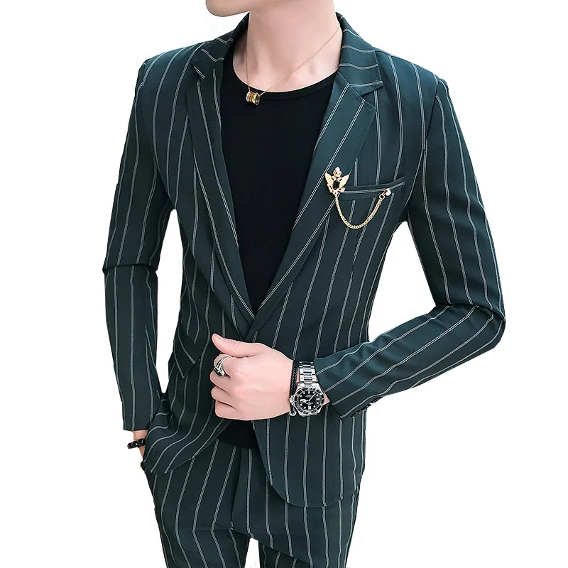 

Spring Single Button Small Suit Pants Men's Stripe Slim Fit Blazers Jacket Trousers Striped Male Casual Handsome Two Piece Set