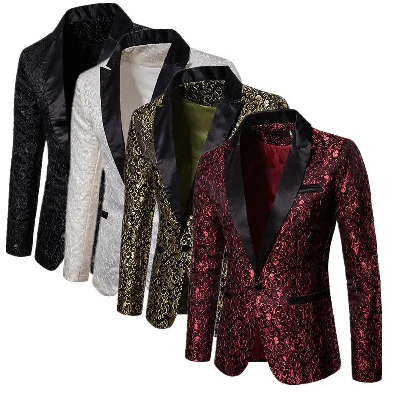 Men Suit Jacket Fashion Business Social Jacquard Single Breasted Top Black / White / Gold Wedding Party Dress Blazers Coat men suit jacket