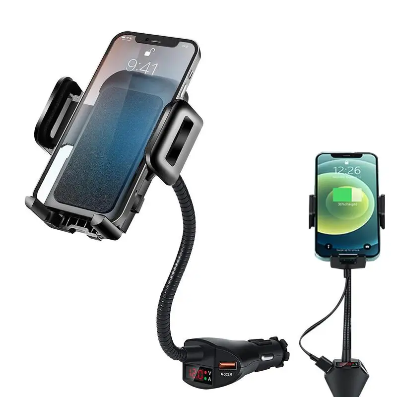 3 in 1 차량용 시거잭 핸드폰 거치대, 듀얼 USB 차량용 충전기(전압 감지 기능 포함), 조절 가능한 휴대폰 거치대