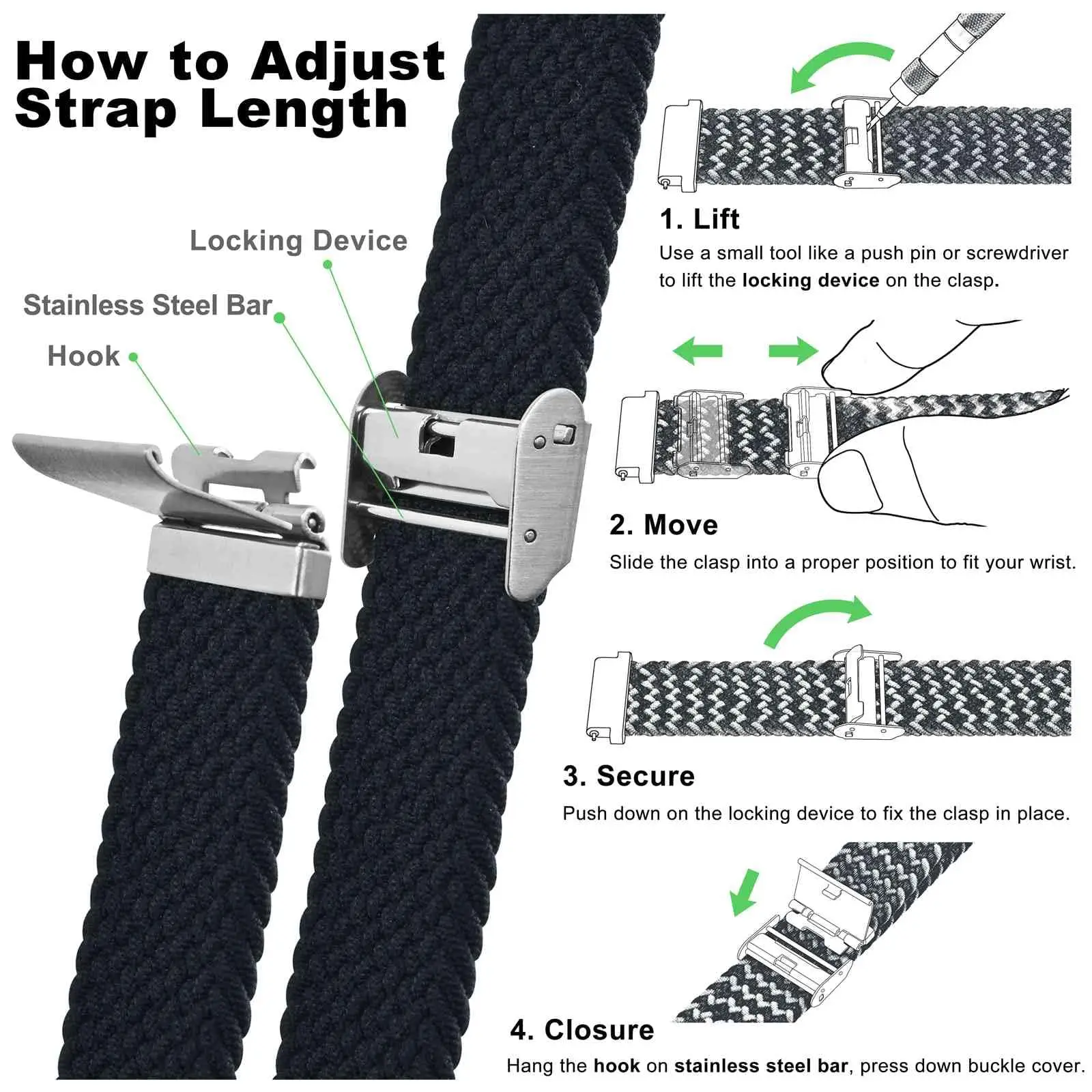 Braided Nylon Watch Band with Quick Release and Silver Stainless Steel Buckle, 20mm