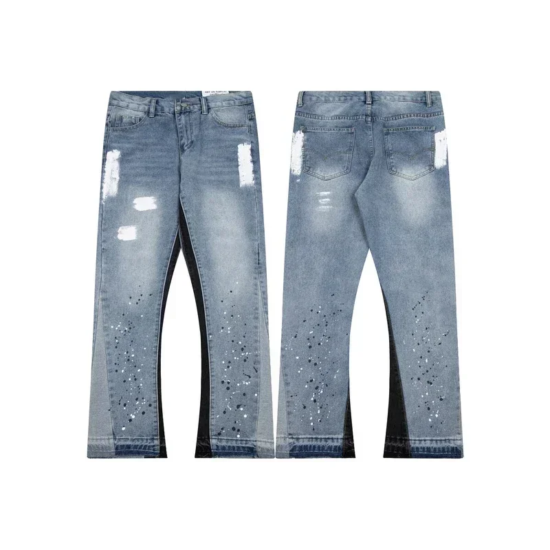 Men and Women Jeans Trousers High Street Splashed Ink Ripped Patchwork American Straight Slim Micro-Flared